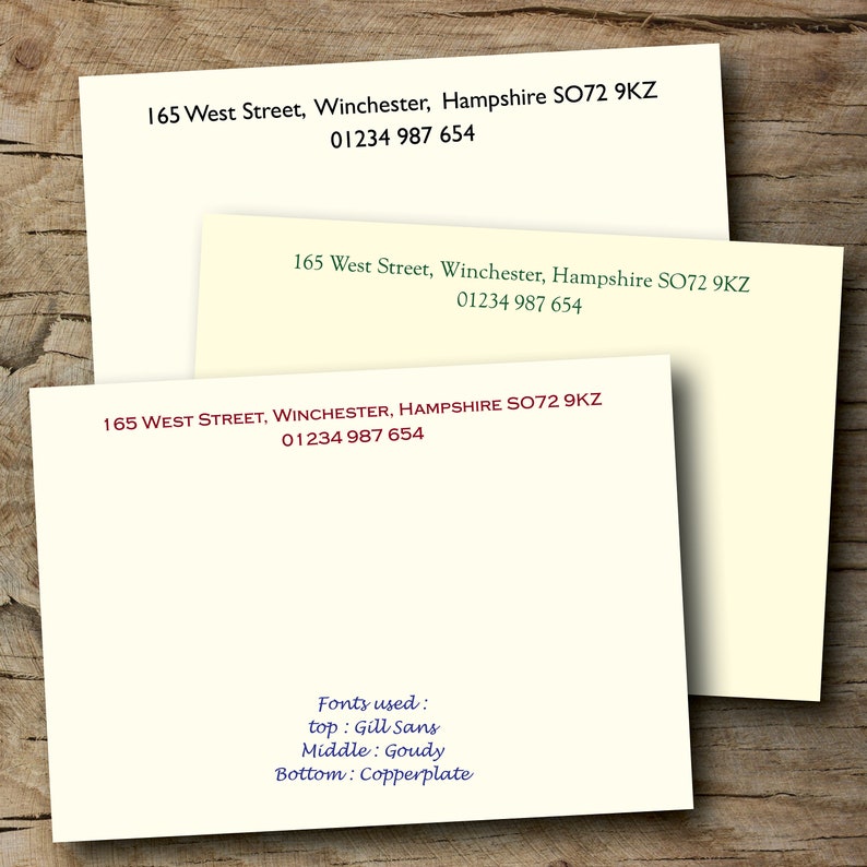 May include: Three variations of a business card with the address 165 West Street, Winchester, Hampshire SO72 9KZ and phone number 01234 987 654. The text on the cards is in different fonts and sizes. The bottom card also includes the text "Fonts used: top: Gill Sans Middle: Goudy Bottom: Copperplate".