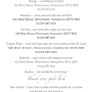 May include: A list of different fonts with their names and descriptions. The fonts are listed with their names and descriptions, along with the address and phone number of the company. The text at the bottom says "Thank you, good luck. Your choice - if you have a preferred font, please let us know and we will try and match it."