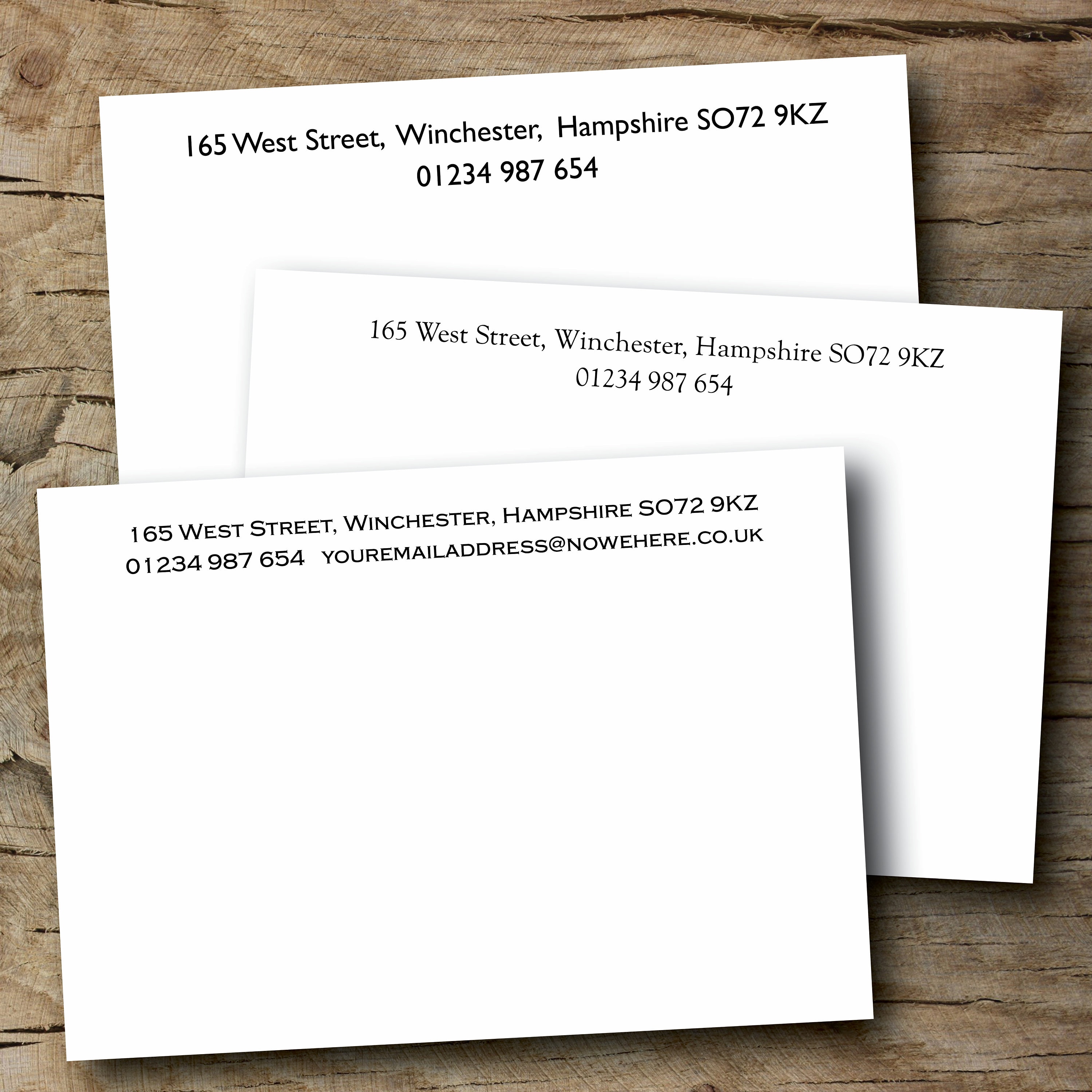 Correspondence cards, personalised, A6, printed on 300 gsm white board.