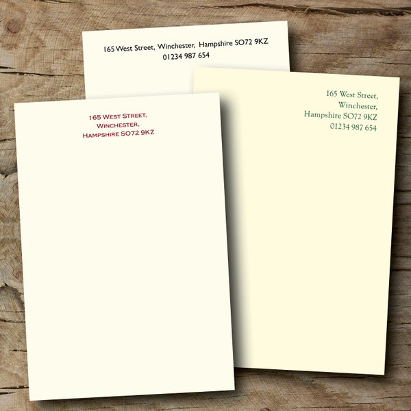 100 A5 personalised letterheads with matching envelopes, traditional elegant designs. Printed on Conqueror 120gsm.