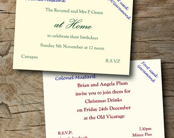 100 personalised Invitations/at Home cards on 300gsm Conqueror HIGH WHITE wove (smooth) with matching envelopes.