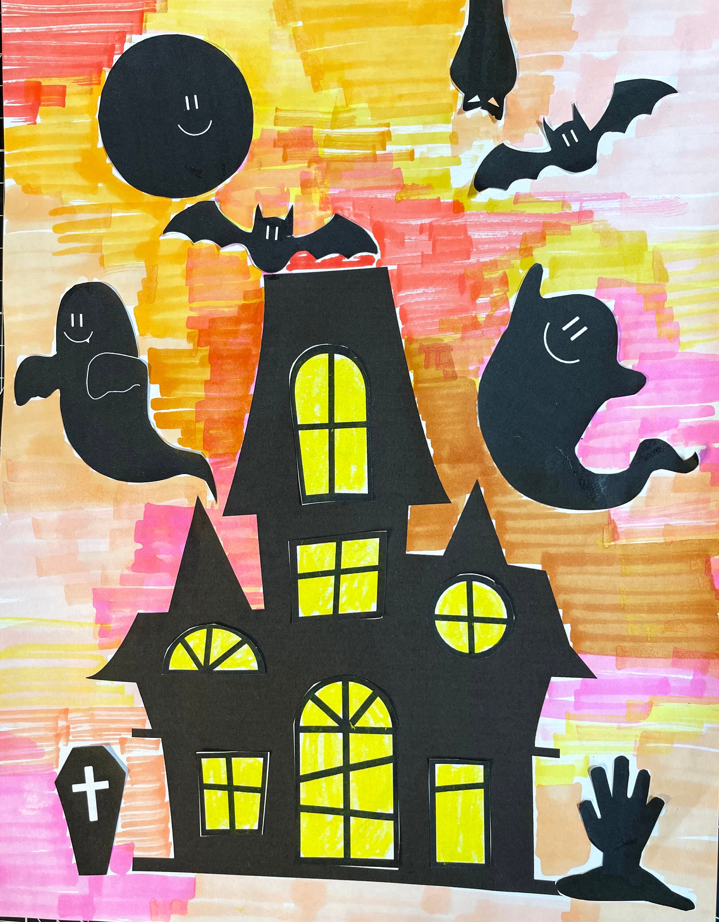 Oil Pastel Haunted House Craft For Kids (Free Template