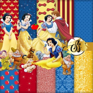 May include: A digital collage featuring Snow White and the Seven Dwarfs. The collage includes images of Snow White with Prince Charming, Snow White with the dwarfs, and Snow White with animals. The collage is decorated with red, yellow, and blue patterns.