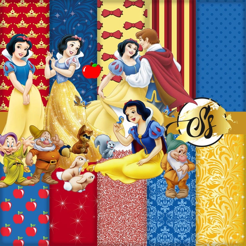 May include: A digital collage featuring Snow White and the Seven Dwarfs. The collage includes images of Snow White with Prince Charming, Snow White with the dwarfs, and Snow White with animals. The collage is decorated with red, yellow, and blue patterns.
