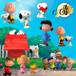 May include: A selection of Snoopy and Peanuts character figurines. The image shows Snoopy in different poses, including holding a heart and resting on his doghouse. Other characters include Charlie Brown, Lucy, and Woodstock, set against a blue sky background.