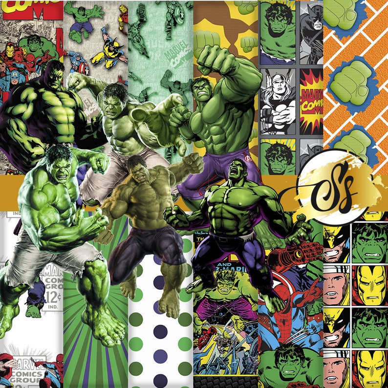 May include: A collage of comic book images featuring the Hulk, Spider-Man, and other Marvel characters. The images are in a variety of colors and styles, and some of them include text such as "Marvel Comics" and "And the Hulk".