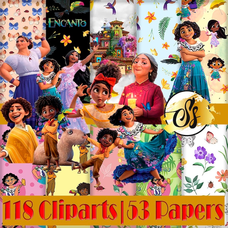 Puede incluir: Un collage digital de 118 im&aacute;genes de clipart y 53 papeles digitales con personajes de la pel&iacute;cula animada Encanto. Los personajes se representan en varias poses y escenarios, incluyendo una casa colorida, mariposas y flores. El texto "Encanto" es visible en la imagen.