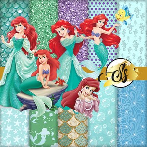 May include: Digital paper pack featuring various patterns with a mermaid theme. The patterns include a green glitter background, a purple glitter background, a blue background with white polka dots, a blue background with seahorse silhouettes, a blue background with white stars, a green background with a mermaid silhouette, a gold and green background with mermaid scales, a blue background with white bubbles, and a blue background with a floral pattern. The pack also includes images of Ariel, the Disney princess from The Little Mermaid, in various poses.