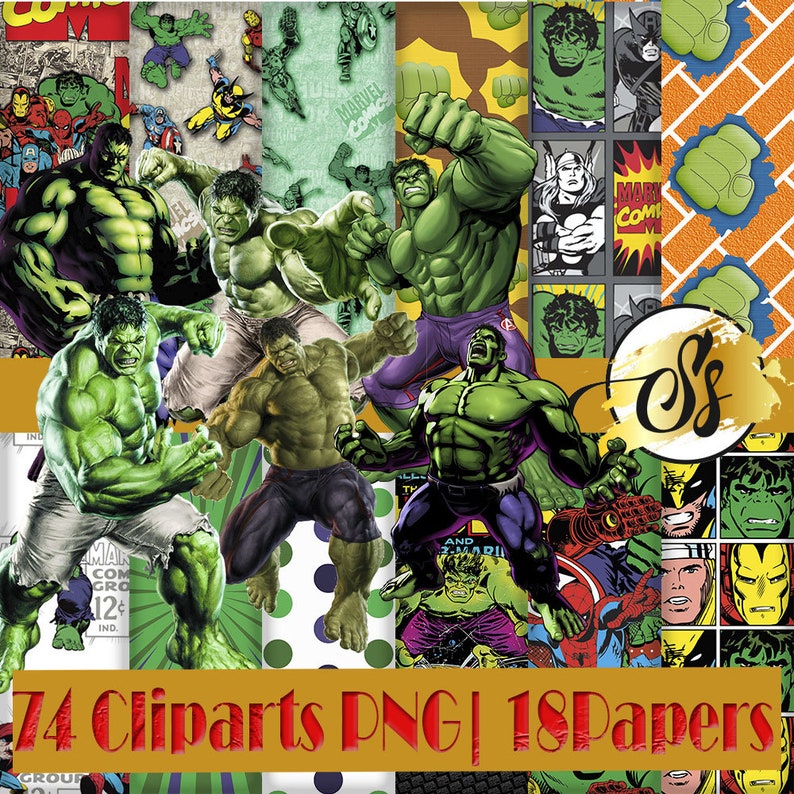 May include: A digital collage of 74 clipart images and 18 digital papers featuring the Hulk, a green superhero, in various poses. The images are in a comic book style with bright colors and bold lines. The text "74 Cliparts PNG | 18 Papers" is at the bottom of the collage.