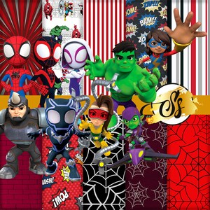 May include: A collage of colorful cartoon superhero characters, including Spider-Man, Spider-Gwen, Hulk, and Rhino. The characters are set against a background of red, white, and black comic book patterns.