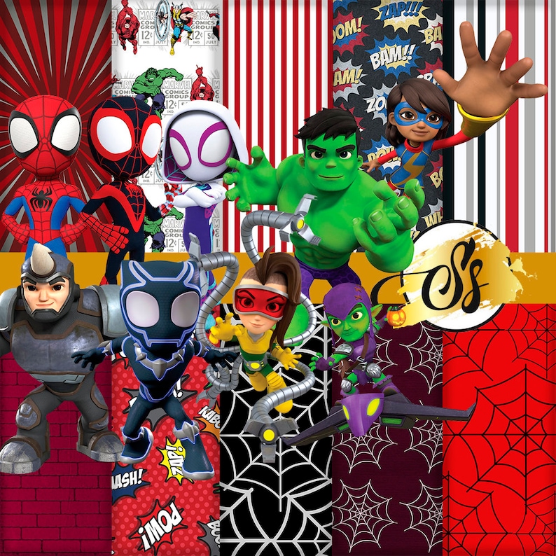 May include: A collage of colorful cartoon superhero characters, including Spider-Man, Spider-Gwen, Hulk, and Rhino. The characters are set against a background of red, white, and black comic book patterns.