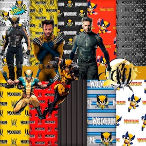 May include: A collage of images featuring the superhero Wolverine. The collage includes various patterns and designs featuring Wolverine's name and claws. The images are in a variety of colors, including yellow, red, black, and white.