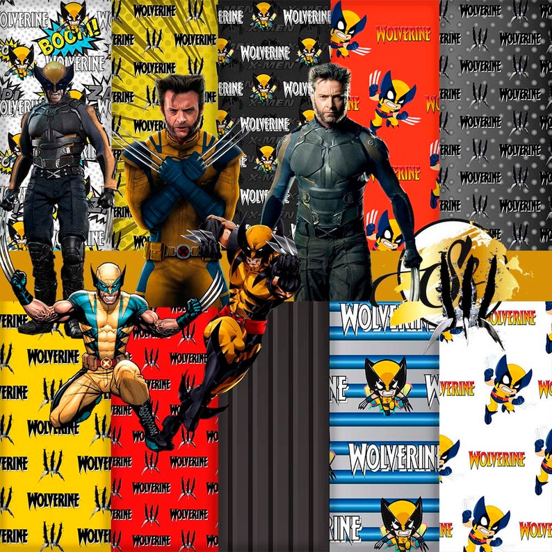May include: A collage of images featuring the superhero Wolverine. The collage includes various patterns and designs featuring Wolverine's name and claws. The images are in a variety of colors, including yellow, red, black, and white.