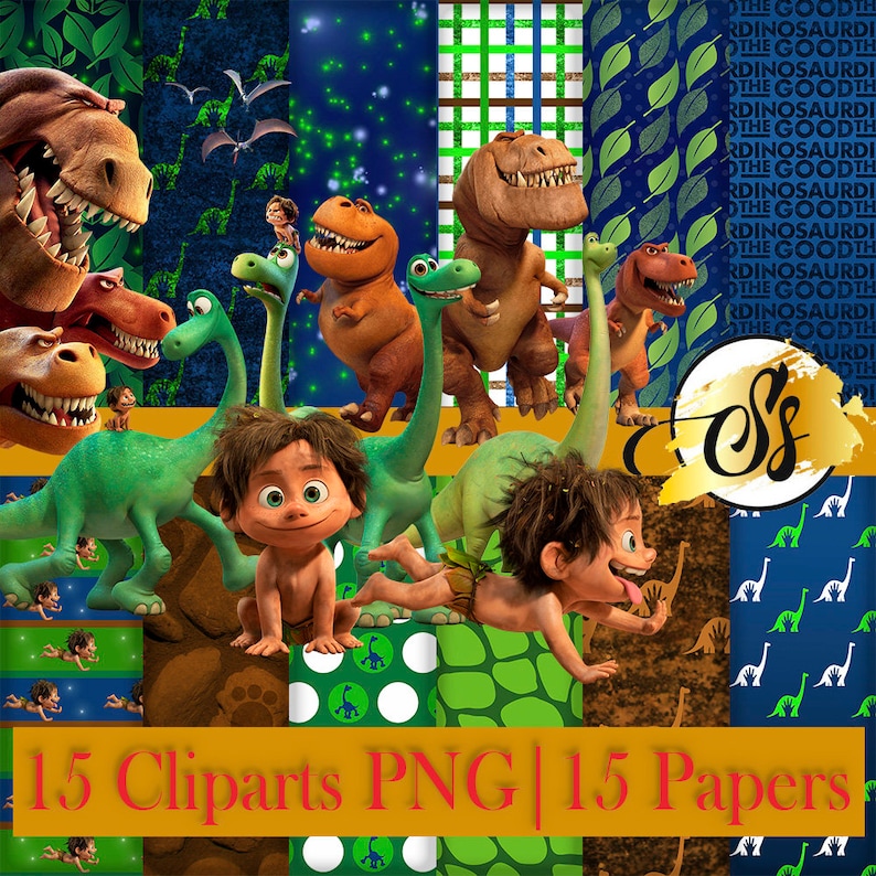May include: A digital paper pack with 15 different patterns featuring dinosaurs, a boy, and stars. The patterns are in shades of green, blue, brown, and white. The text "15 Cliparts PNG | 15 Papers" is at the bottom of the image.