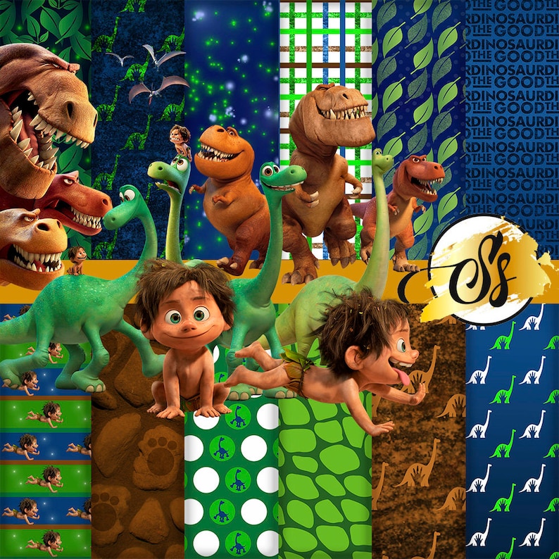 May include: A digital paper pack featuring various patterns and illustrations inspired by the animated film The Good Dinosaur. The pack includes patterns with dinosaurs, stars, leaves, and footprints. The text "The Good Dinosaur" is repeated in a pattern on one of the papers.