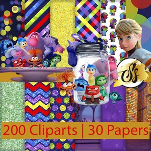 May include: A digital art collection featuring characters from the animated film "Inside Out." The image includes a variety of colorful cliparts and patterned papers. Text on the image reads "200 Cliparts | 30 Papers."