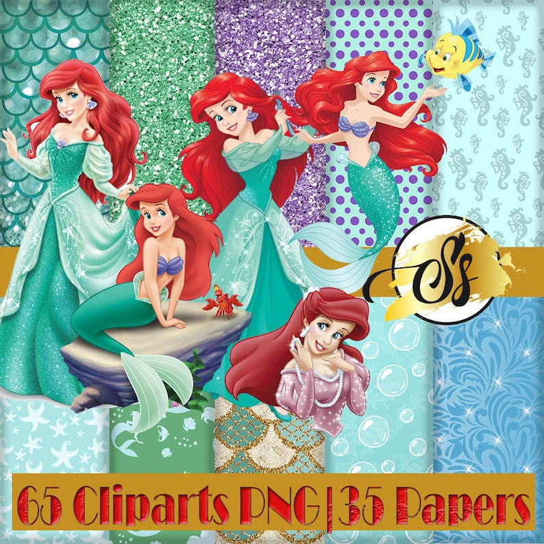May include: A digital paper pack featuring 65 clipart images and 35 digital papers with a mermaid theme. The images include Ariel from Disney's The Little Mermaid in various poses, including a mermaid tail, a dress, and a crown. The digital papers feature various patterns, including seashells, starfish, and bubbles.