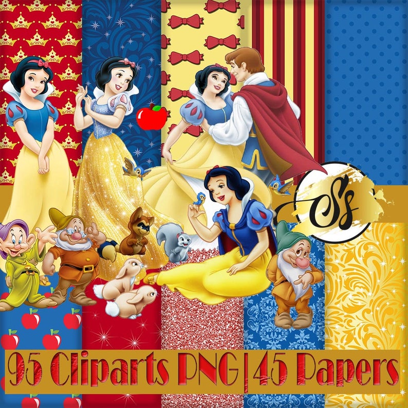 May include: A digital collage featuring Snow White and the Seven Dwarfs characters from the Disney movie Snow White and the Seven Dwarfs. The collage includes images of Snow White, Prince Charming, the dwarfs, and various animals. The collage is set against a background of red, blue, and yellow patterned paper. The text "95 Cliparts PNG | 45 Papers" is at the bottom of the collage.