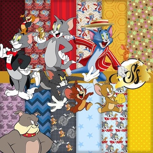 May include: A patchwork design featuring various cartoon characters, including Tom and Jerry, and a bulldog. The design incorporates multiple patterns, such as stars, polka dots, and chevrons, with a color palette of red, blue, yellow, and brown.