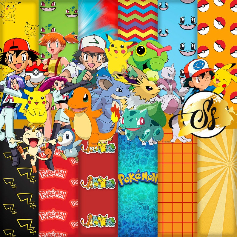 May include: A colorful collage of Pokemon characters, including Pikachu, Bulbasaur, Charmander, Squirtle, and more. The collage features a variety of patterns and designs, including a red and white checkered pattern, a blue and green chevron pattern, and a yellow and orange sunburst pattern. The text "SS" is visible in the upper right corner of the image.