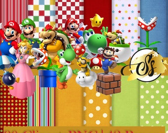 Könnte beinhalten: Ein Set mit 90 digitalen Cliparts und 42 digitalen Papieren mit Charakteren aus der Super Mario Bros. Videospiel-Franchise. Die Cliparts beinhalten Charaktere wie Mario, Luigi, Prinzessin Peach, Bowser, Yoshi und Toad. Die Papiere zeigen verschiedene Muster, darunter Punkte, Streifen und Sterne.