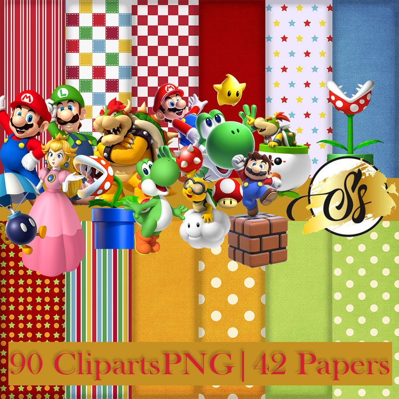 Może przedstawiać: Zestaw 90 cyfrowych obraz&oacute;w clipart i 42 cyfrowych papier&oacute;w z postaciami z serii gier wideo Super Mario Bros. Clipart zawiera postacie takie jak Mario, Luigi, księżniczka Peach, Bowser, Yoshi i Toad. Papiery prezentują r&oacute;żne wzory, w tym kropki, paski i gwiazdki.