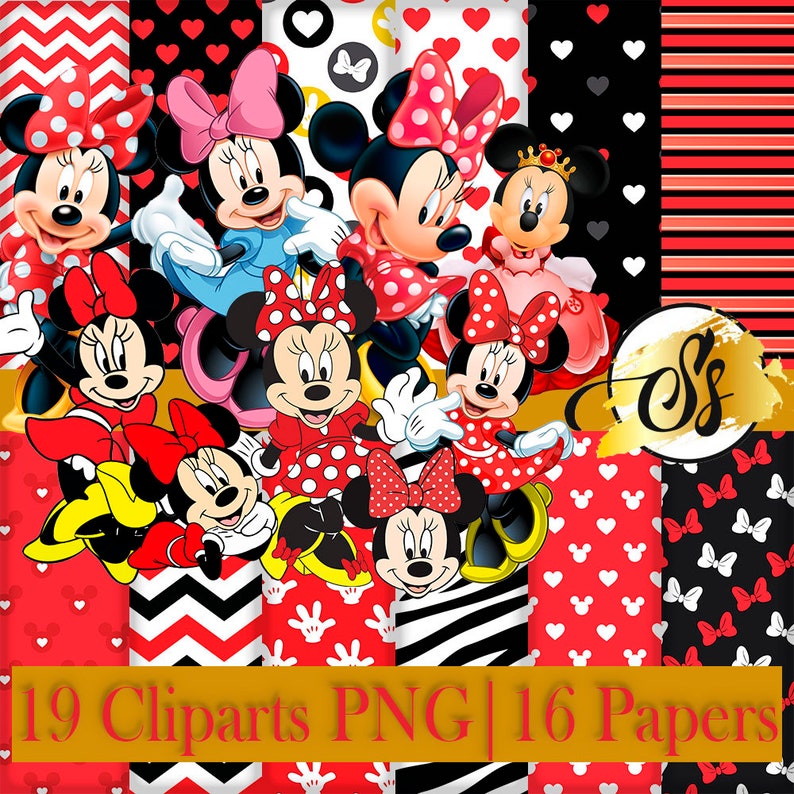 May include: A set of 19 digital clipart images featuring Mickey Mouse characters in various poses, including Mickey Mouse, Minnie Mouse, and Pluto. The clipart is in a red, black, and white color scheme and includes a variety of patterns and designs. The set also includes 16 digital papers with various patterns and designs.