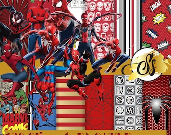Könnte beinhalten: Eine digitale Collage mit 120 Clipart-Bildern von Spiderman in verschiedenen Posen und 33 digitalen Papieren mit roten, weißen und schwarzen Mustern. Der Text "120 Cliparts PNG|33 Papers" ist in goldenen Buchstaben dargestellt.
