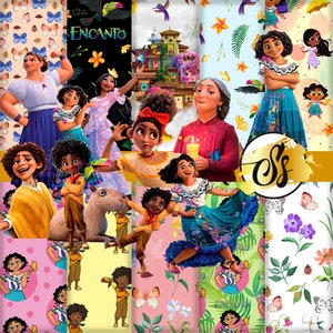 Puede incluir: Un collage de im&aacute;genes coloridas con personajes de la pel&iacute;cula animada Encanto. Las im&aacute;genes incluyen una familia de personajes, una casa m&aacute;gica y varios patrones coloridos. El texto "Encanto" aparece en la imagen.
