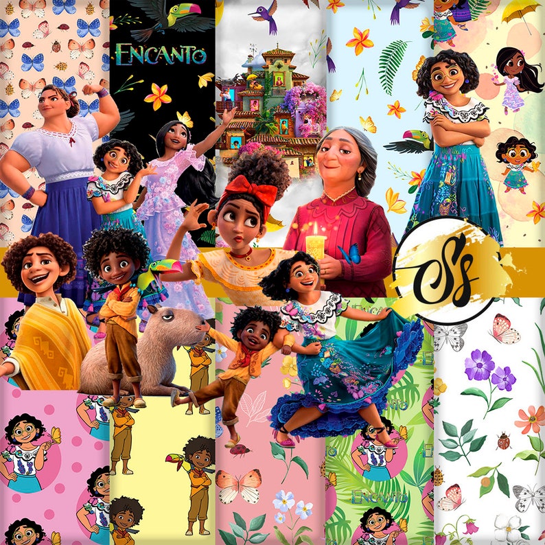 Puede incluir: Un collage de im&aacute;genes coloridas con personajes de la pel&iacute;cula animada Encanto. Las im&aacute;genes incluyen una familia de personajes, una casa m&aacute;gica y varios patrones coloridos. El texto "Encanto" aparece en la imagen.