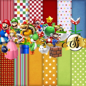 Może przedstawiać: Pakiet cyfrowego papieru z r&oacute;żnymi kolorowymi wzorami i postaciami z serii gier wideo Super Mario Bros. Wzory obejmują kratę w kolorze czerwono-białym, paski w kolorze zielono-białym, czerwono-ż&oacute;łte gwiazdki i ż&oacute;łto-białe kropki. Postacie to Mario, Luigi, księżniczka Peach, Bowser, Yoshi i Toad.