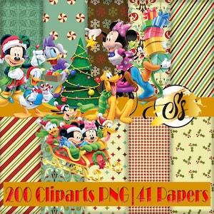 Pode incluir: Um pacote de papel digital com tema natalino com Mickey Mouse, Minnie Mouse, Pluto, Donald Duck e Pateta. O pacote inclui 41 papéis digitais e 200 imagens clipart. Os papéis apresentam uma variedade de padrões, incluindo bolinhas, listras e flocos de neve.