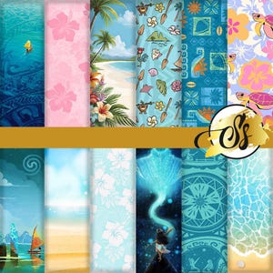 K&ouml;nnte beinhalten: Eine Sammlung farbenfroher digitaler Papiere mit tropischen und polynesischen Designs. Die Muster umfassen Hibiskusbl&uuml;ten, Ozeanszenen, Schildkr&ouml;ten und Stammesmotive in Blau-, Rosa- und Gelbt&ouml;nen. Geeignet f&uuml;r verschiedene Bastelprojekte.