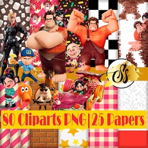 Peut inclure: Une collection de 80 images clipart numériques et 25 papiers numériques mettant en scène des personnages du jeu vidéo Wreck-It Ralph. Le clipart comprend des images de Ralph, Vanellope, Fix-It Felix et d'autres personnages. Les papiers présentent divers motifs, notamment à carreaux, à pois et en briques.