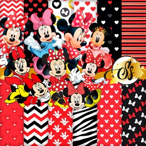 May include: Digital paper pack featuring various patterns with a red and black color scheme. The patterns include polka dots, hearts, stripes, and zigzags. There are also images of Mickey Mouse characters with red bows.