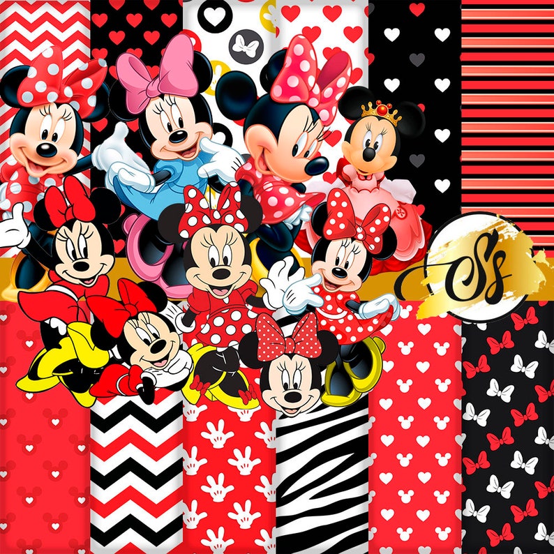 May include: Digital paper pack featuring various patterns with a red and black color scheme. The patterns include polka dots, hearts, stripes, and zigzags. There are also images of Mickey Mouse characters with red bows.