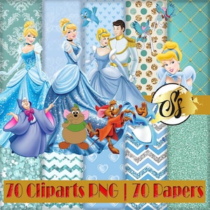 Pode incluir: Uma colagem digital de imagens com Cinderela, o Príncipe Encantado e outros personagens do filme da Disney Cinderela. A colagem inclui imagens de Cinderela com seu vestido de baile azul, o Príncipe Encantado com seu traje real e a Fada Madrinha. A colagem também inclui imagens de ratos, pássaros e outros elementos caprichosos. A colagem está sobre um fundo de padrões azuis e brancos.