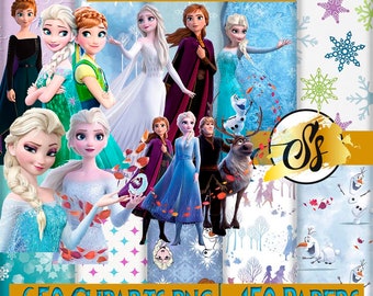 May include: A digital clipart pack featuring characters from the animated film Frozen. The pack includes 650 clipart images and 150 digital papers. The images include Elsa, Anna, Kristoff, Olaf, and Sven. The digital papers feature various winter-themed patterns.