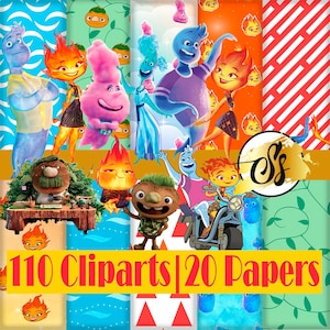 May include: A digital clipart set featuring 110 images and 20 digital papers. The clipart includes cartoon characters with fire, water, and earth elements. The papers feature various patterns, including stripes, waves, and leaves.