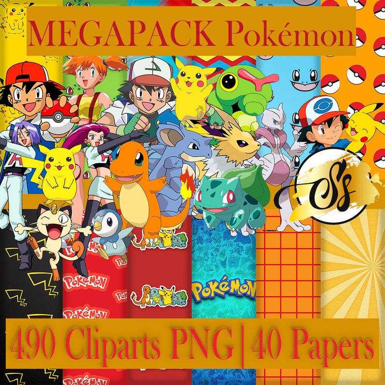 May include: A colorful digital collage featuring various Pokemon characters, including Pikachu, Bulbasaur, Charmander, Squirtle, and more. The collage also includes various Pokemon-themed patterns and designs. The text "490 Cliparts PNG | 40 Papers" is displayed at the bottom of the collage.