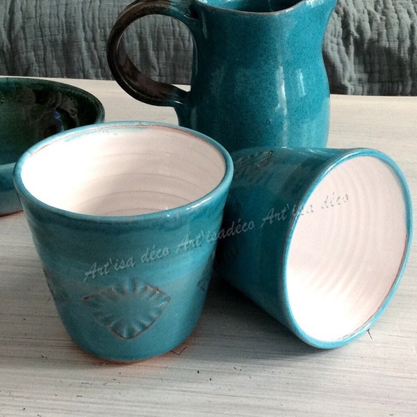 Duo mug céramique sans anse, artisanal turquoise et blanc