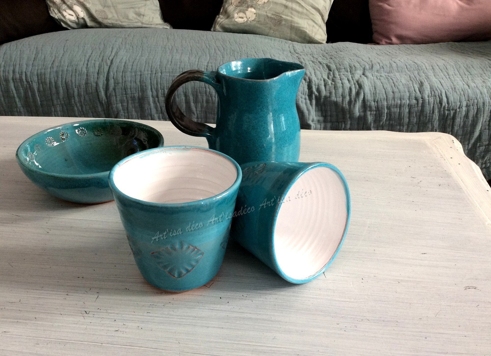 Duo Mug Céramique Sans Anse, Artisanal Turquoise et Blanc