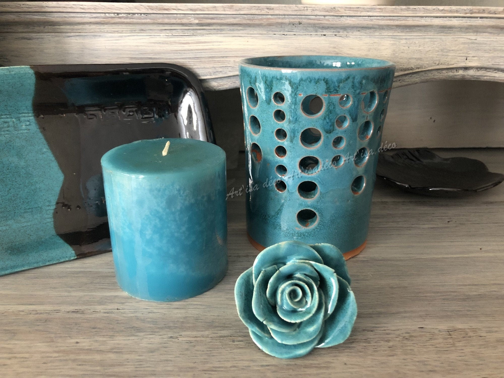 Photophore Droit Céramique Émaillée , Turquoise Ajouré