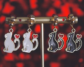 Cat Hearts clip op oorbellen - hypoallergene haak - schattig - kat- kitten- huisdier- dier- hart- unieke sieraden-