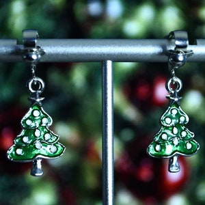Christmas Tree- Clip-On Earrings - Hypoallergenic Hooks available - Fun Earrings - Seasonal- Holiday- Celebrate- -  Unique Earrings