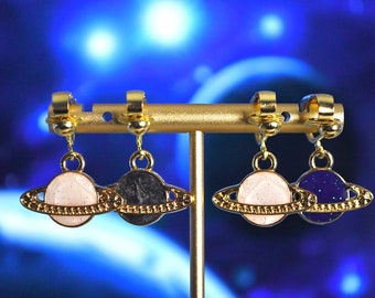Saturn Planet Diamond Clip on Earrings - Hypoallergenic Hook - Planet - Space - Galaxy - Stars - Ring Planet