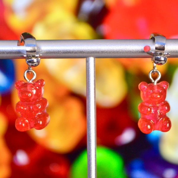 Glitter Gummy Bear - Clip-On Earrings - Hypoallergenic Hooks available - Multiple Colors Available - Fun Earrings - Jewelry - Food