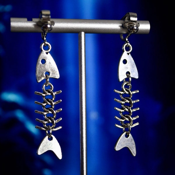 Fish Bones Clip on Earrings - Hypoallergenic Hook - Fish - Ocean - Sea - Creature - Skeleton- Ocean - Bone