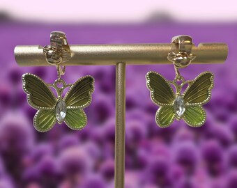 Green Gem Butterfly- Clip-On Earrings - Hypoallergenic Hooks available - Fun Earrings - Jewelry - Nature - Outdoors - Unique Earrings