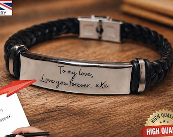 UK Personalised Custom "Your" Handwriting Bracelet – Engraved Leather & Steel